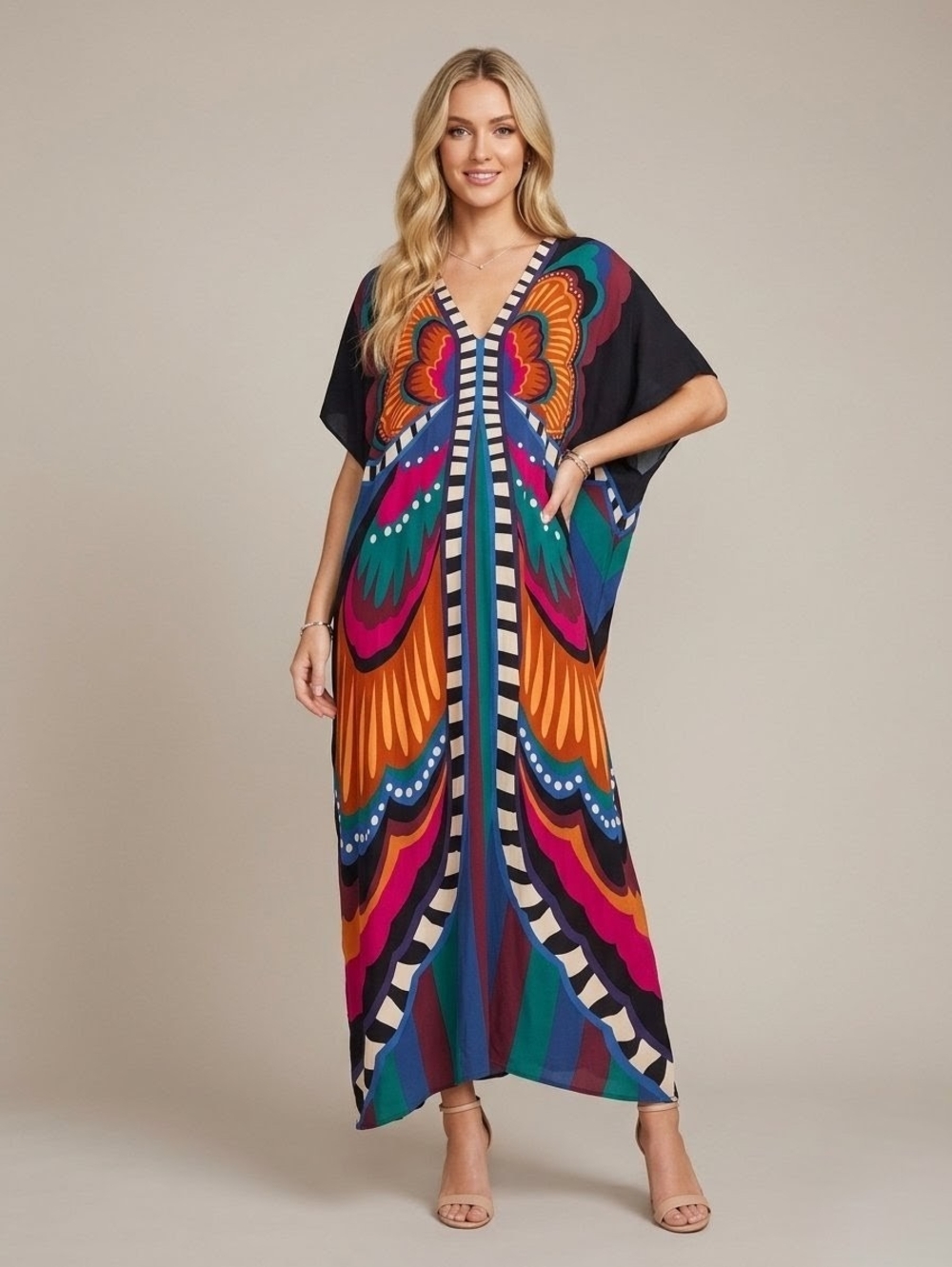 Colorful Boho Maxi Kaftan Dress - Vibrant Multicolor